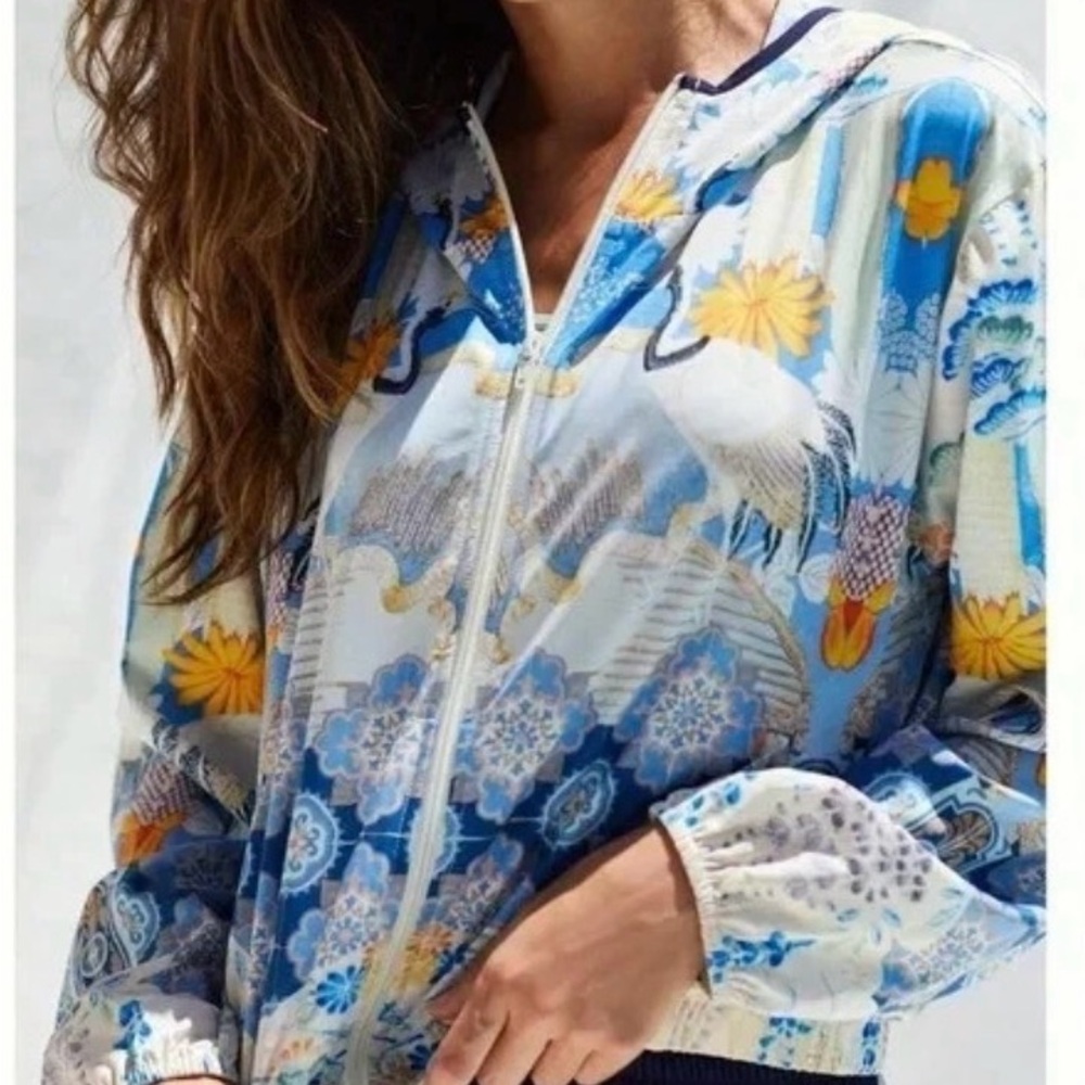 Daily Practice Zip Front Postcard Bird Bomber Jacket in EUC